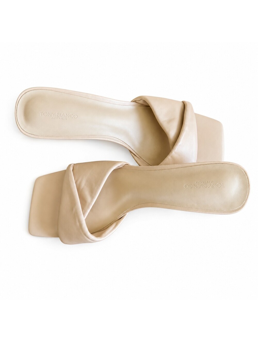 Tony Bianco Beige Leather Square Toe Slide Sandals, Size 10